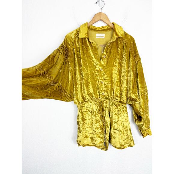 Urban Outfitters New Moon Velvet Romper Cinched Waist Tie Slouchy Gold Medium - Picture 12 of 14